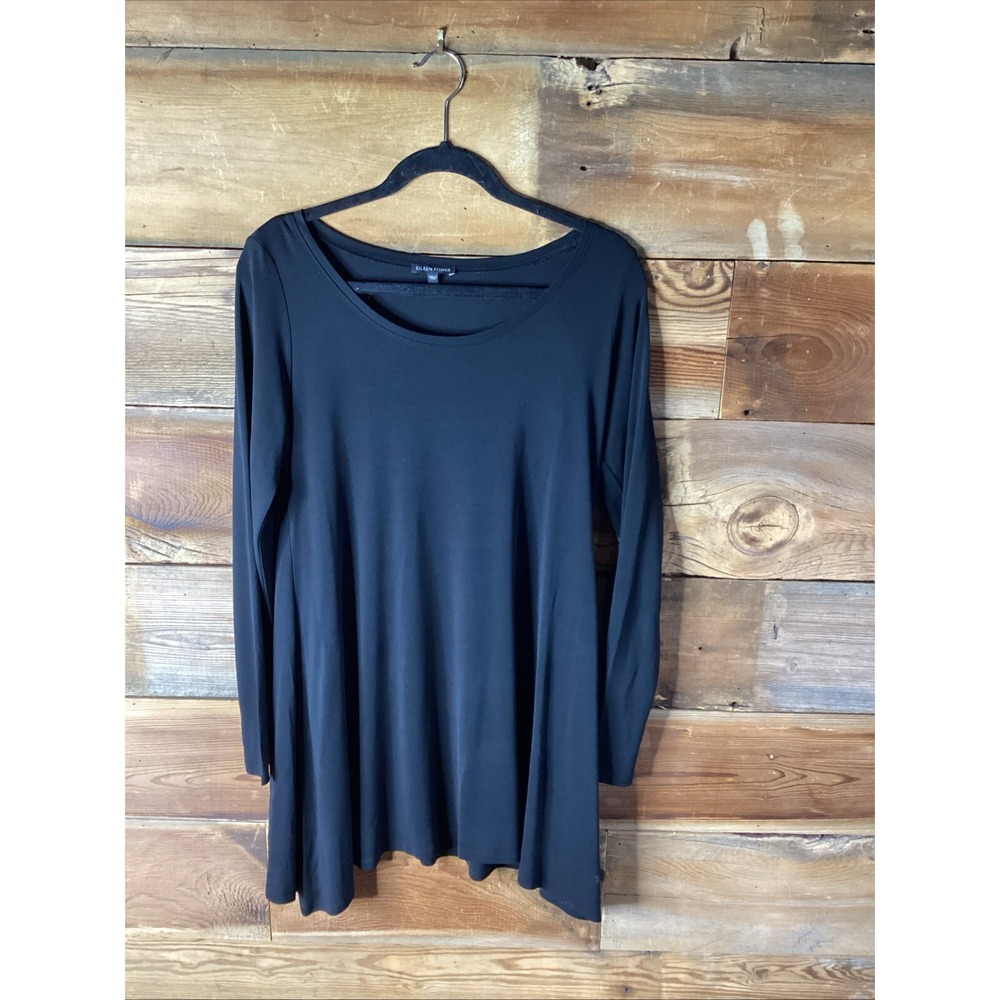 Eileen Fisher Tunic Top Black 100% Silk Long Sleeve Shirt Stretch Slinky Small